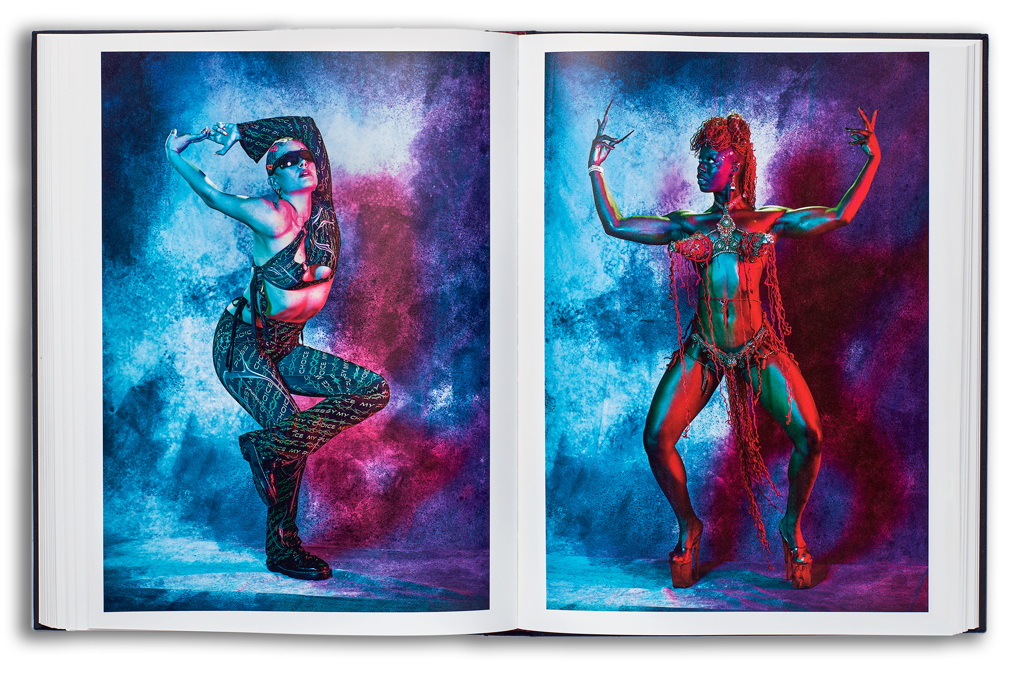 Mayflies book flat spread, left page: Voguer posing in Yamuna Forzani designs, right image: dark skiined woman in a red self-styled bikini with extra long fingernails. Both images have vibrant blue and red lighting.
