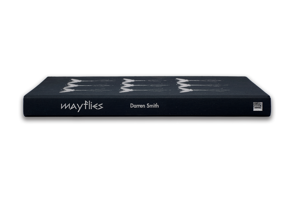 Mayflies by Darren Smith, book positioned on its spine in silver embossing reads 'Mayflies' 'Darren Smith with the Lecturis loogo