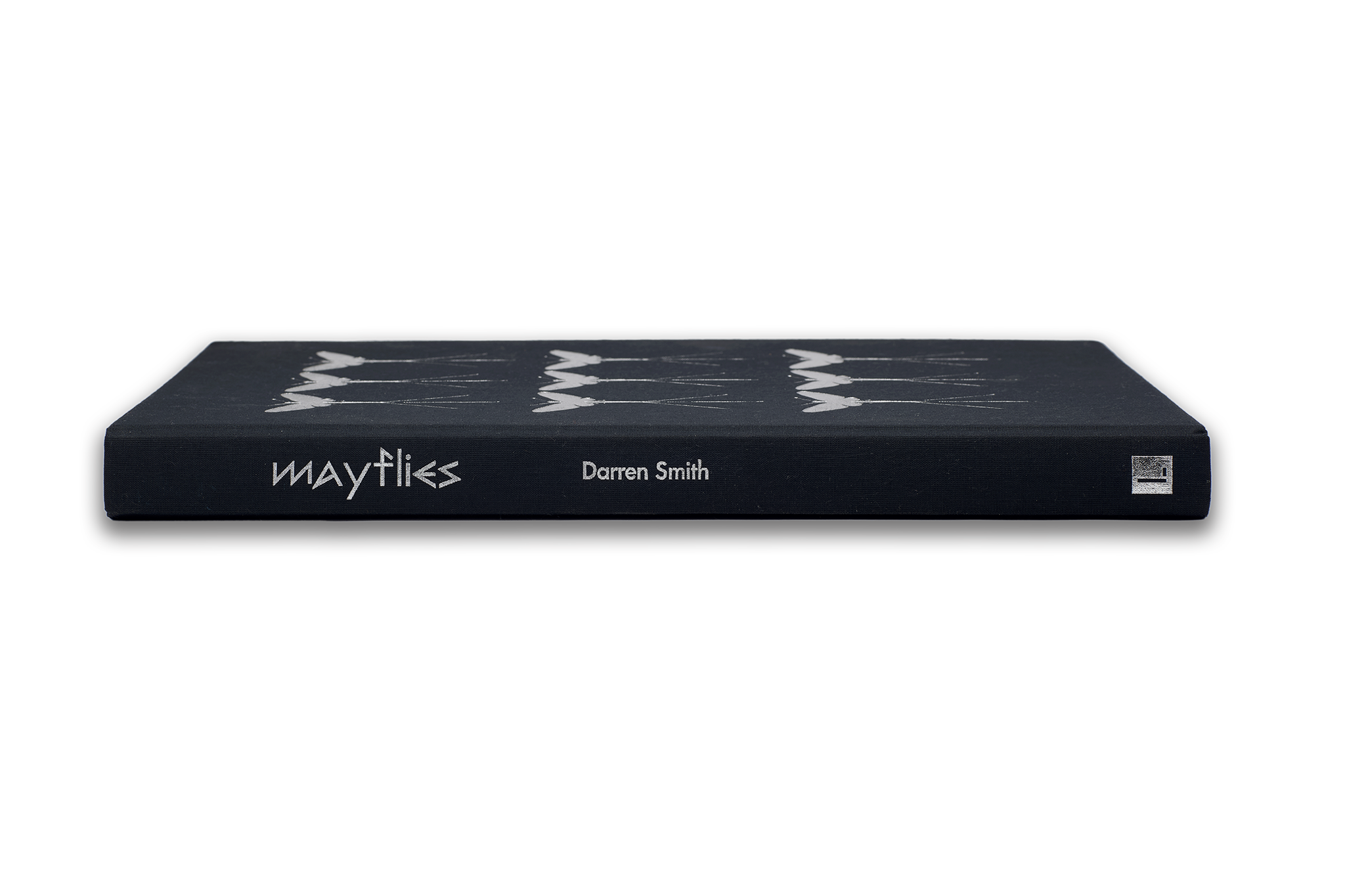 Mayflies by Darren Smith, book positioned on its spine in silver embossing reads 'Mayflies' 'Darren Smith with the Lecturis loogo