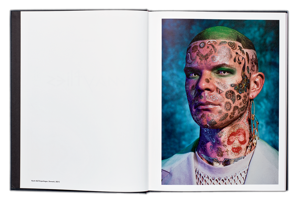 Image spread mayflies book, left page white with caption, right page: voguer with tattoos looking directly to camera