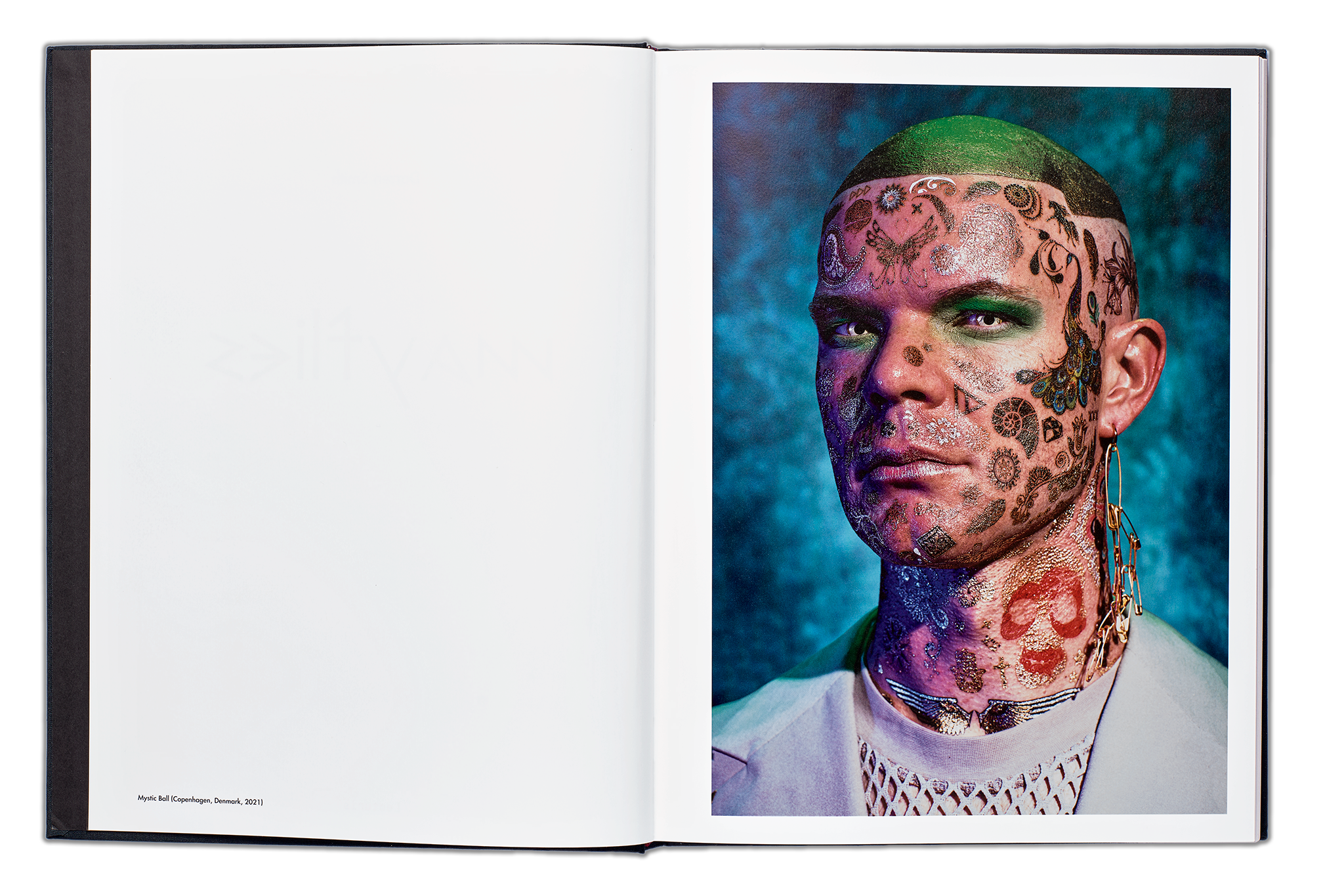 Image spread mayflies book, left page white with caption, right page: voguer with tattoos looking directly to camera