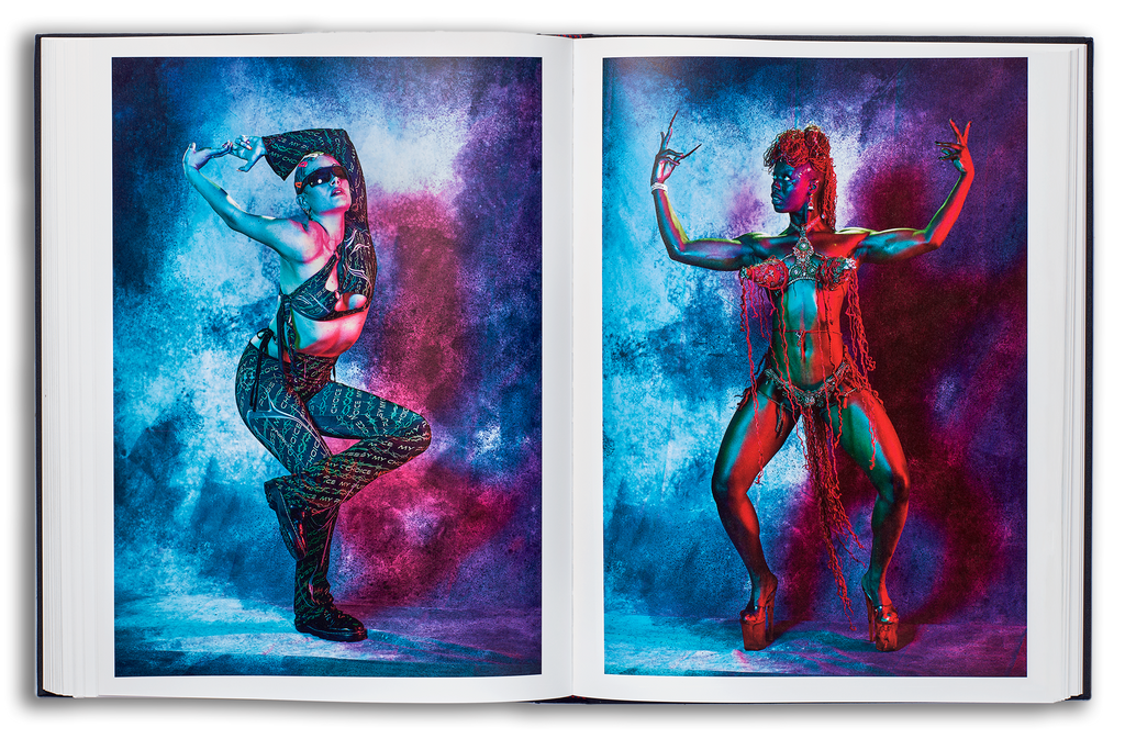 Mayflies book flat spread, left page: Voguer posing in Yamuna Forzani designs, right image: dark skiined woman in a red self-styled bikini with extra long fingernails. Both images have vibrant blue and red lighting.
