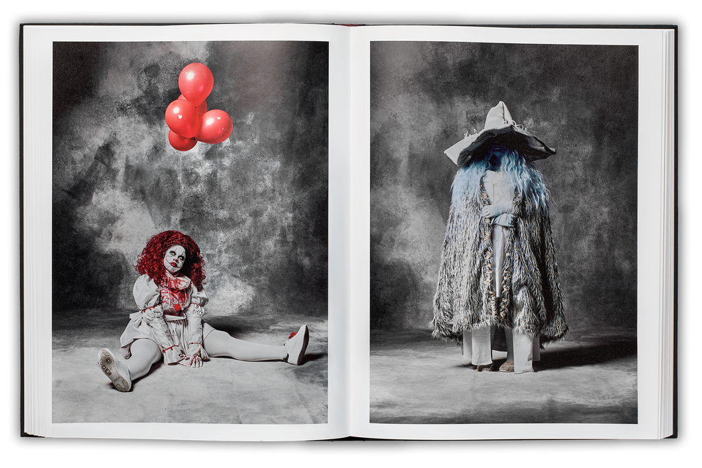 Mayflies book flat spread, left page: Pennywise cosplayer from IT sitting down with balloons looking dreamily up too camera left, right frame: coosplayer with a big grey wizard hat and robes, obscured face, and blue skin and hair, looking straight to camera