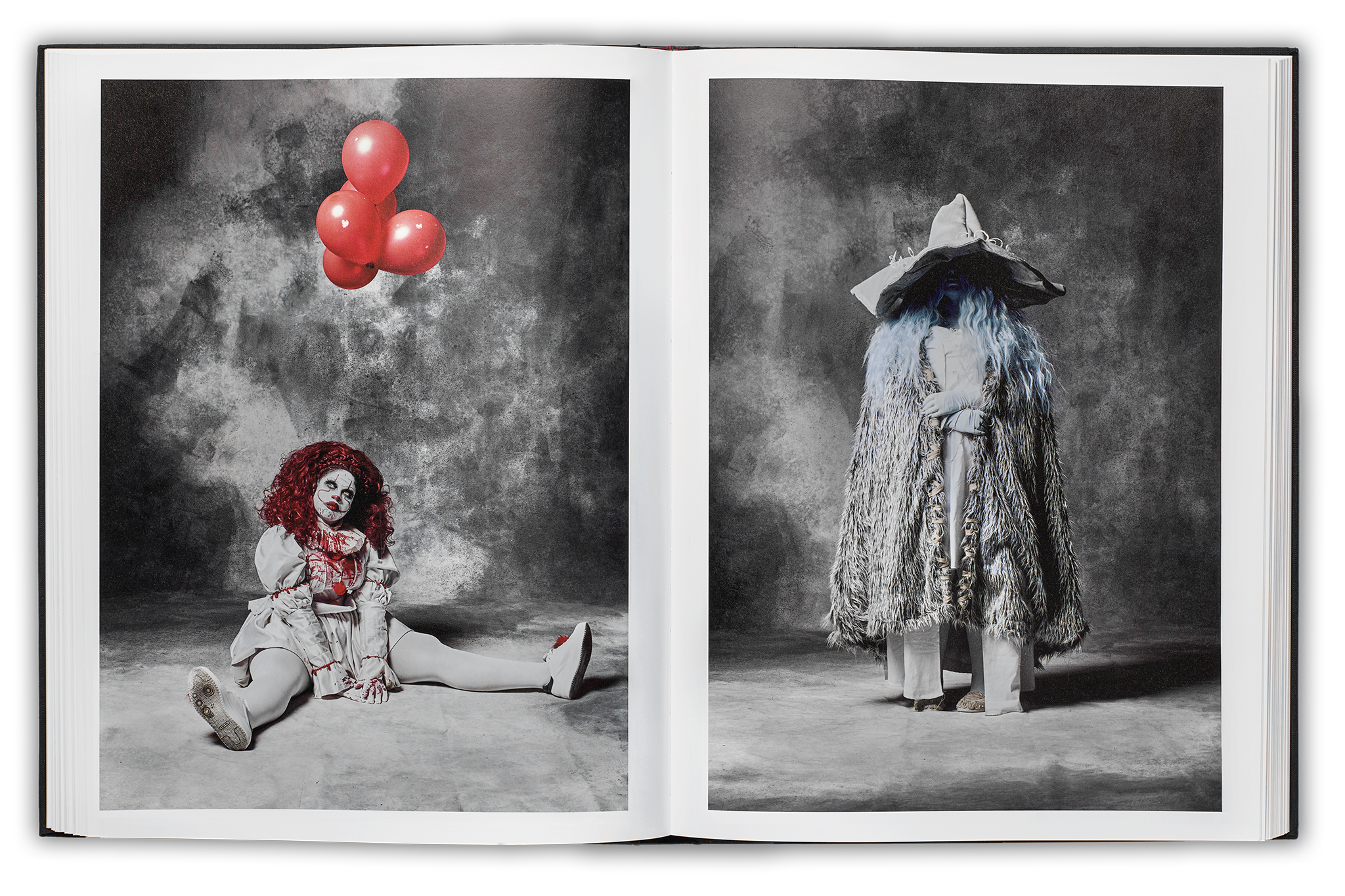 Mayflies book flat spread, left page: Pennywise cosplayer from IT sitting down with balloons looking dreamily up too camera left, right frame: coosplayer with a big grey wizard hat and robes, obscured face, and blue skin and hair, looking straight to camera
