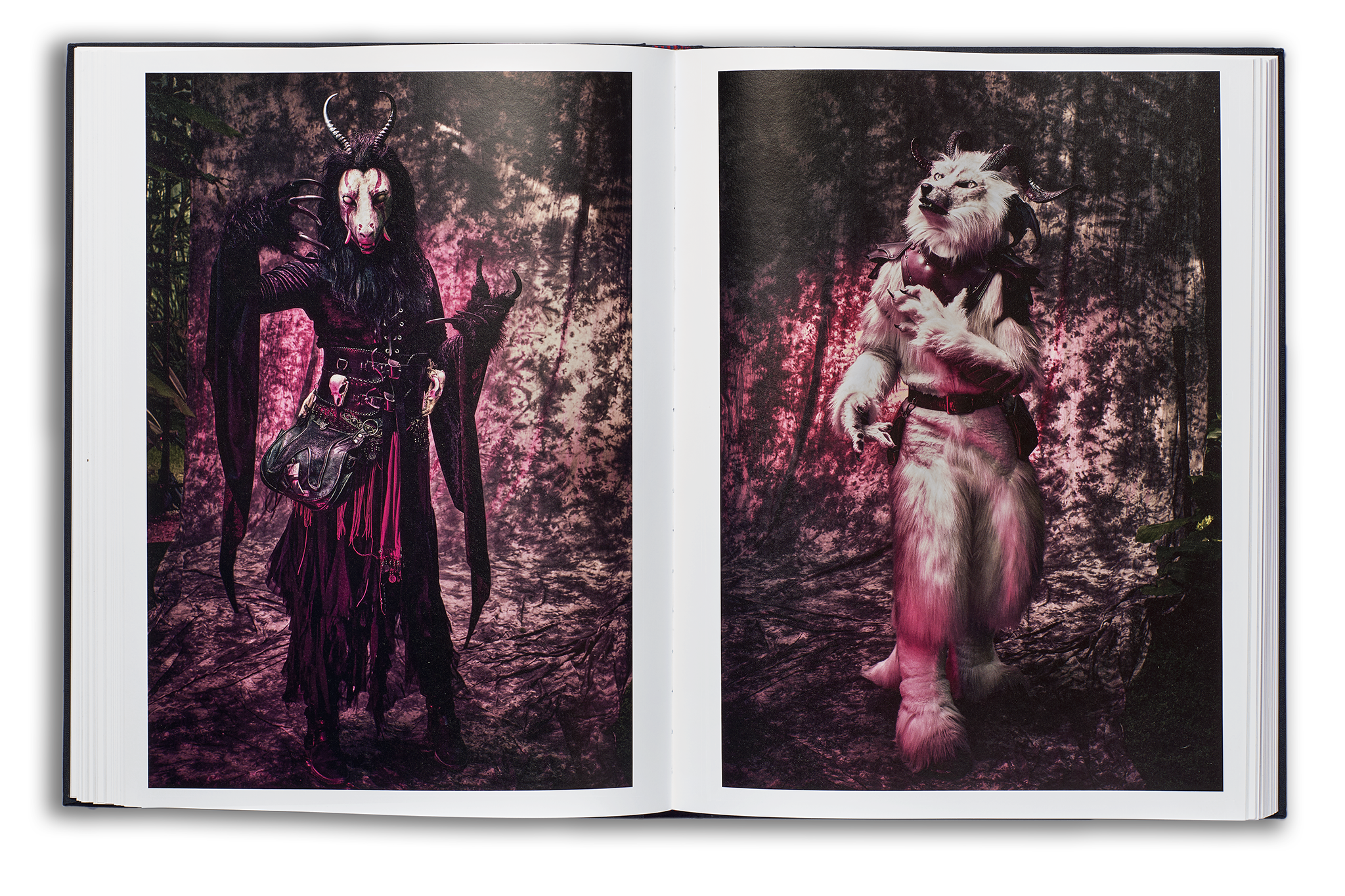 Mayflies book flat spread, left page: Demoness furry with black robes, long animal claws and horns, and a white face with tusks looking directly to camera, right page: A fox demon furry with white fur and black horns, looking dreamily off to camera left